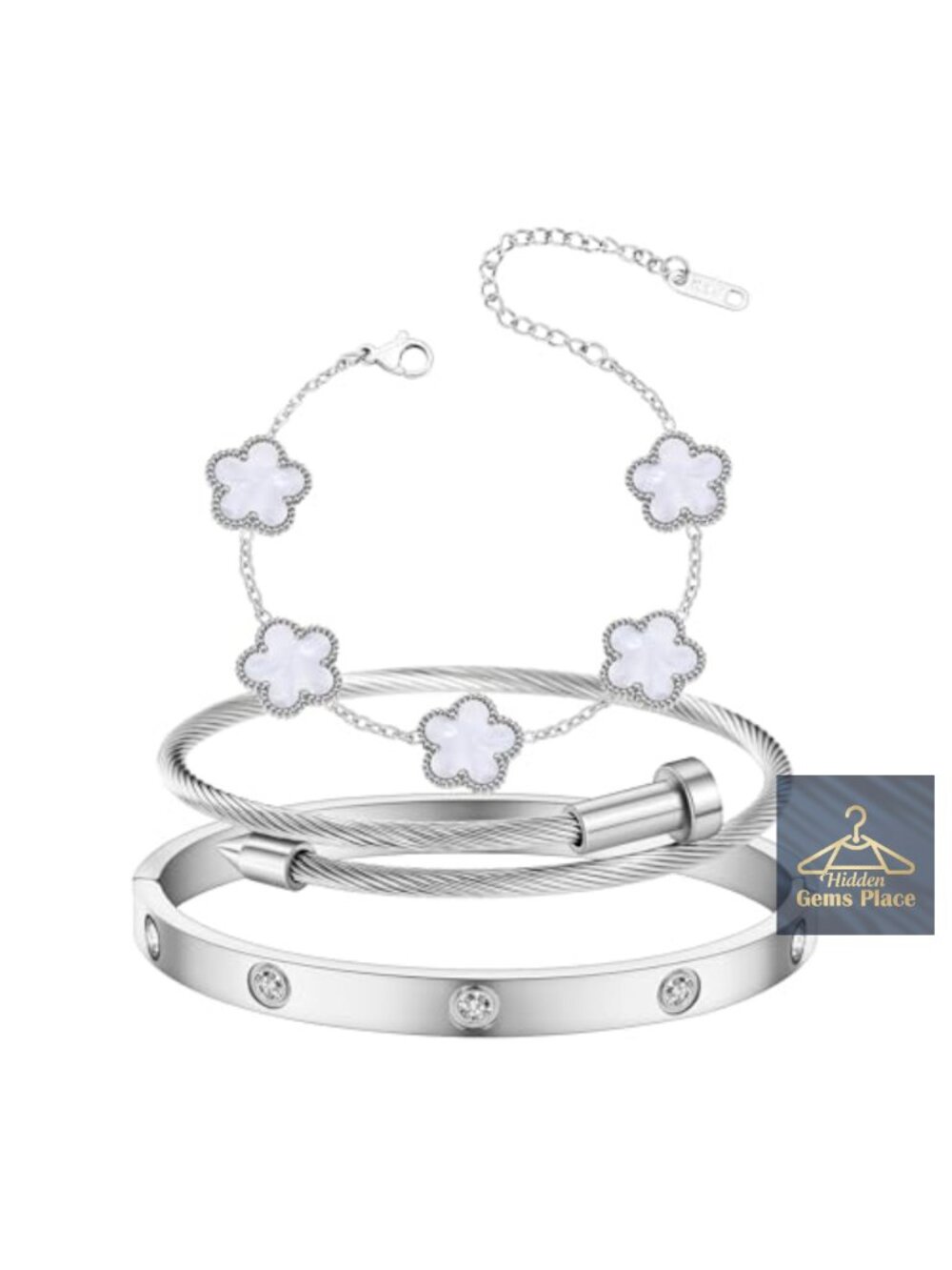 3PC Stainless Steel Floral Bangle Bracelet Set Gift for Girlfriend